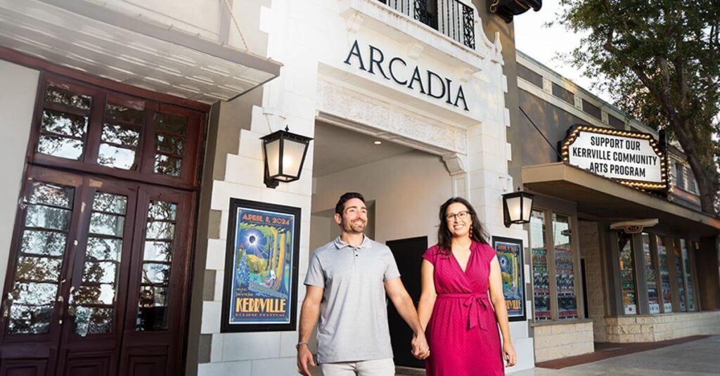 Couple walking out of Arcadia Live