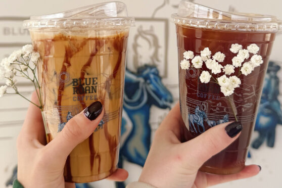 Two hands holding Blue Roan Coffee Drinks