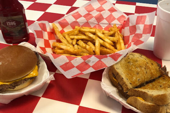 Burger, fries and grilled cheese