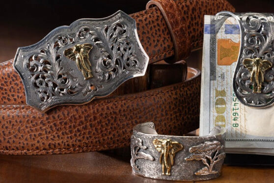 Custom designed belt buckle and money clip and bracelet