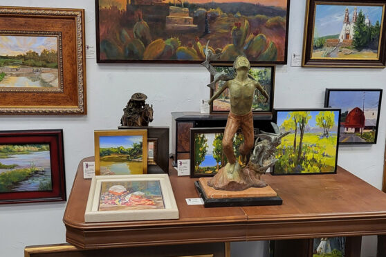 Sculpture on desk and wall art
