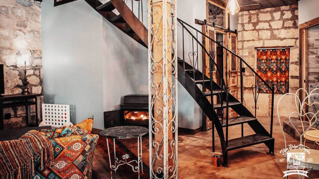 Filling Station Bungalow staircase and living area