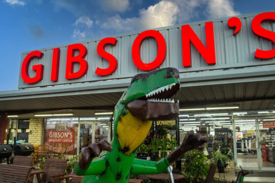 Gibson's storefront with metal dinosaur in front of building