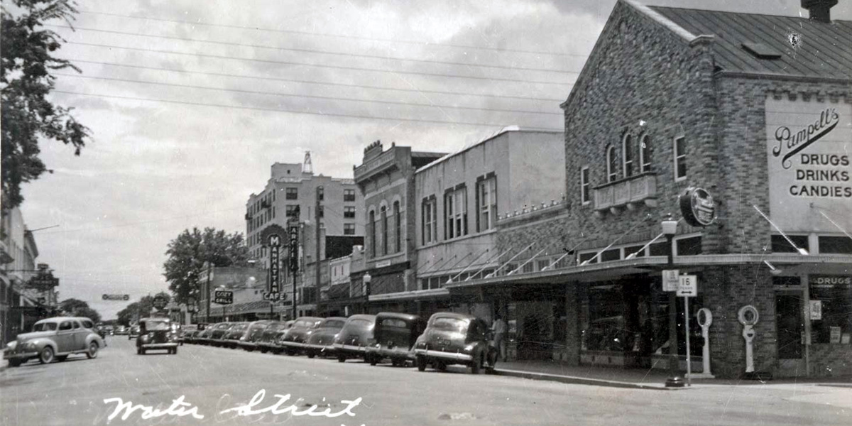 Black and white historic image of downtown Water Street in Kerrville Texas