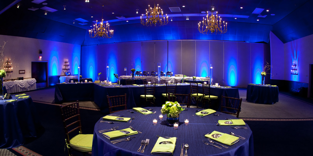 Y.O. Ranch Hotel Banquet Room with table settings and mood lighting
