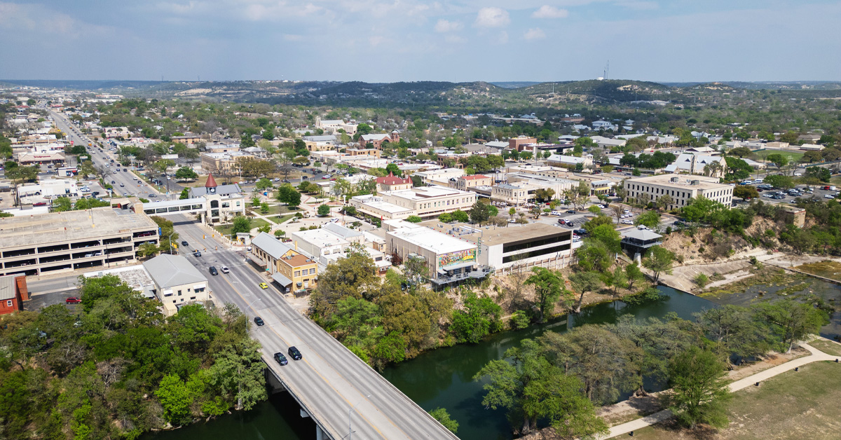 Aerial of Downtown Kerrville along Guadalupe River