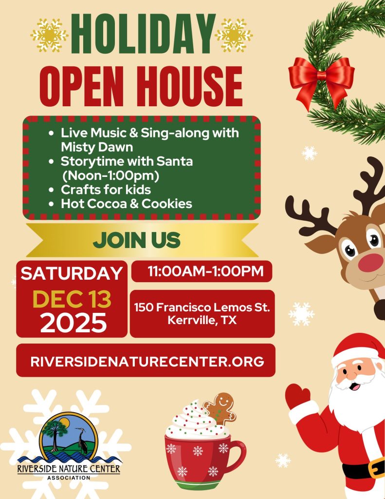 Holiday Open House flyer with event details, Santa, reindeer and festive graphics.