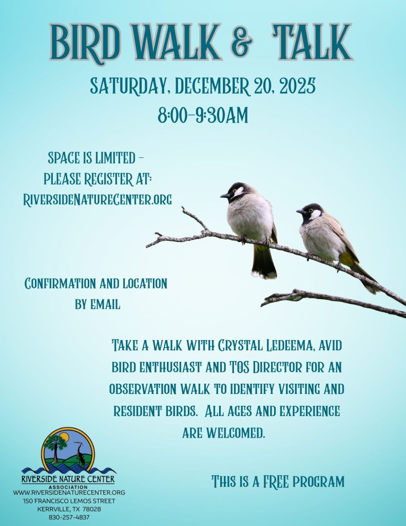 Bird Walk and Talk flyer with event details and two birds perched on a branch.