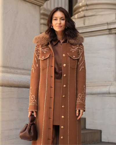 model with long coat from Keri Kropp Goods and Finery