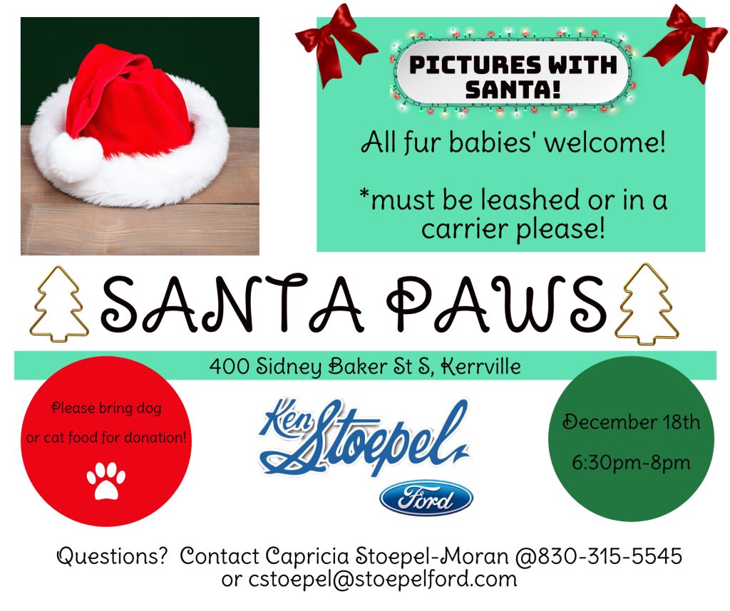 Santa Paws event flyer with pet photos with Santa, details, and donation info.