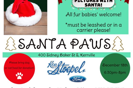 Santa Paws event flyer with pet photos with Santa, details, and donation info.