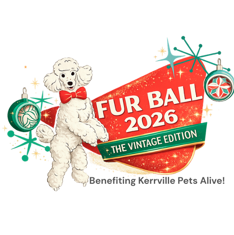 Logo for Fur Ball 2026: The Vintage Edition, benefiting Kerrville Pets Alive, with a white poodle.