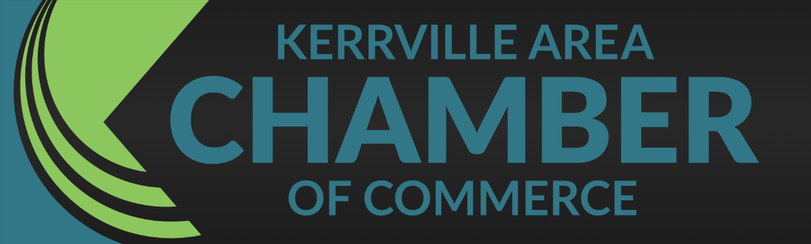 Kerrville Area Chamber of Commerce logo with teal and green curved design elements black background.
