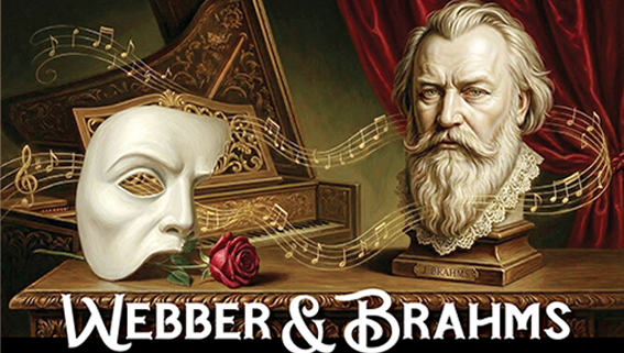 Promotional graphic for Symphony of the Hills "Timeless: Webber and Brahms" featuring a theatrical mask and a classical bust.