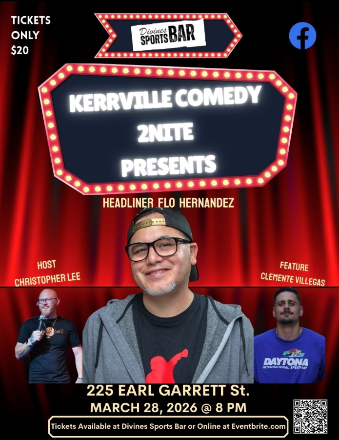 Kerrville Comedy 2Nite at Divines Sports Bar, March 28, 2026, featuring headliner Flo Hernandez.