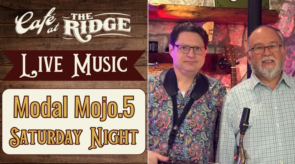 Live music promo for Modal Mojo.5 at Cafe at the Ridge, featuring a duo with guitar and saxophone.