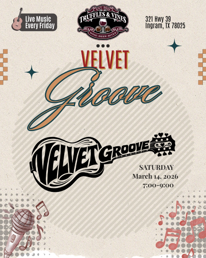 Live music promo for Velvet Groove at Truffles & Vines, Saturday, March 14, 2026, 7:00-9:00 PM.
