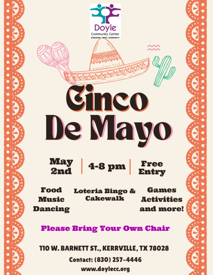 Flyer for a Cinco De Mayo Celebration at Doyle Community Center on May 2nd from 4-8 pm.