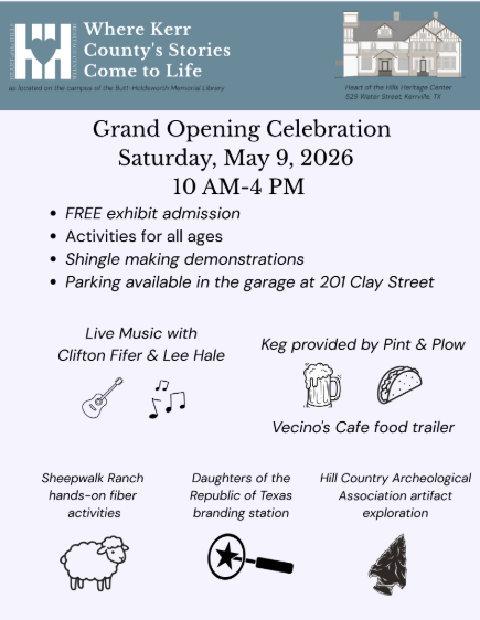 Flyer for Heart of the Hills Heritage Center Grand Opening Celebration on Saturday, May 9, 2026.