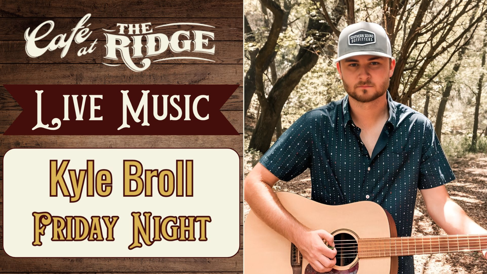 Banner for "Café at The Ridge Live Music" featuring Kyle Broll on May 29.