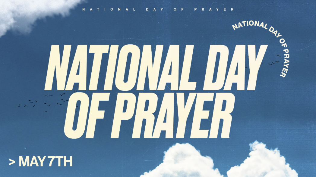 Banner for "National Day of Prayer" on May 7th, featuring a cloudy blue sky background.