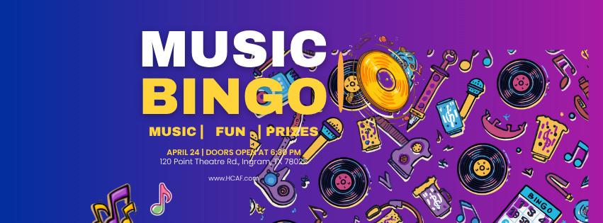 Banner for "Music Bingo" on April 24 featuring music graphics like records and a microphone.