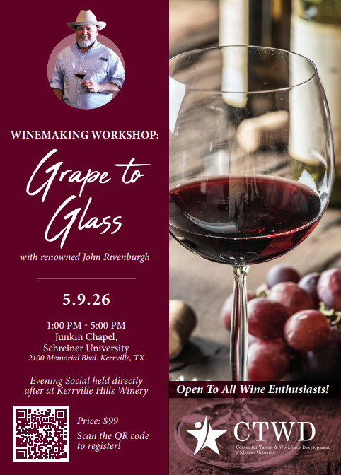 Flyer for "Winemaking Workshop: Grape to Glass" with John Rivenburgh on May 9, 2026.