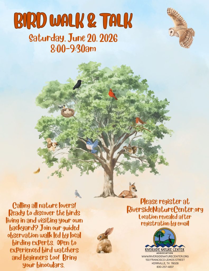 Event flyer for "Bird Walk and Talk" on June 20, 2026, at the Riverside Nature Center.