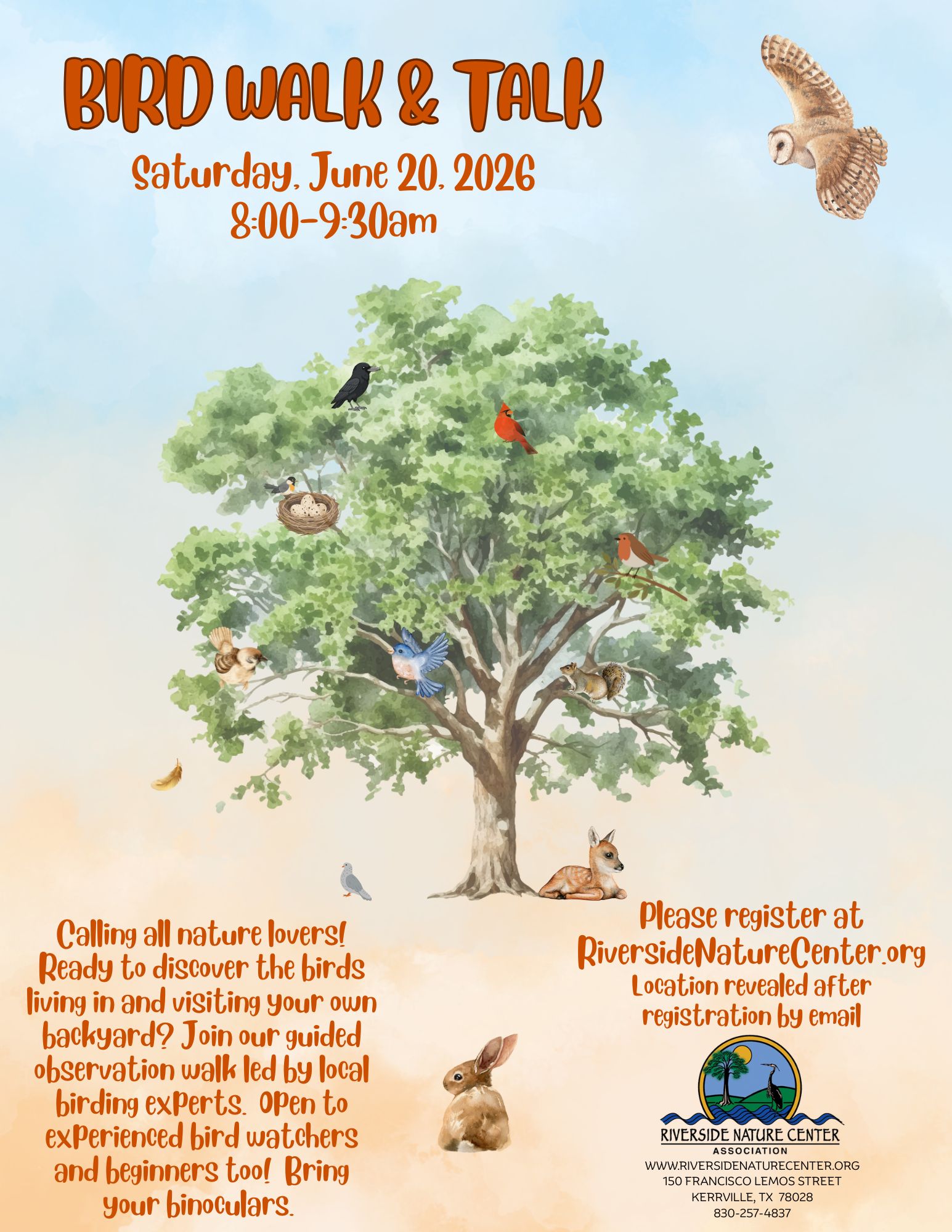 Event flyer for "Bird Walk and Talk" on June 20, 2026, at the Riverside Nature Center.