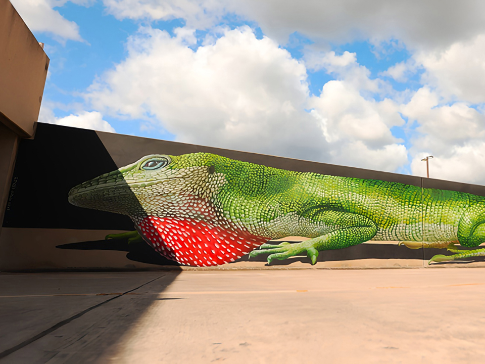 A large outdoor mural of a vibrant green and red anole lizard painted on a concrete wall under a blue sky with scattered clouds.