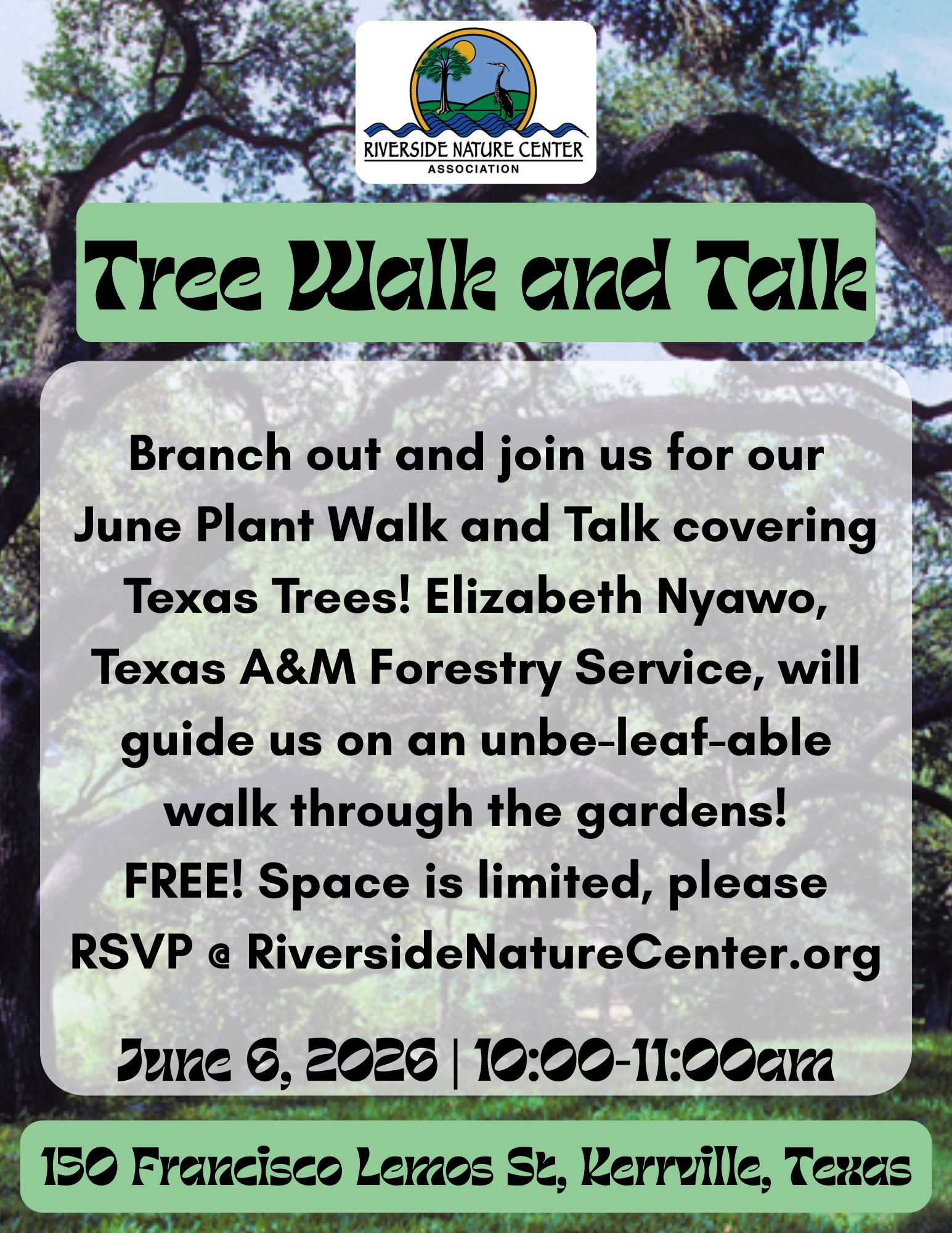 Event flyer for "Tree Walk and Talk" on June 6, 2026, at the Riverside Nature Center.