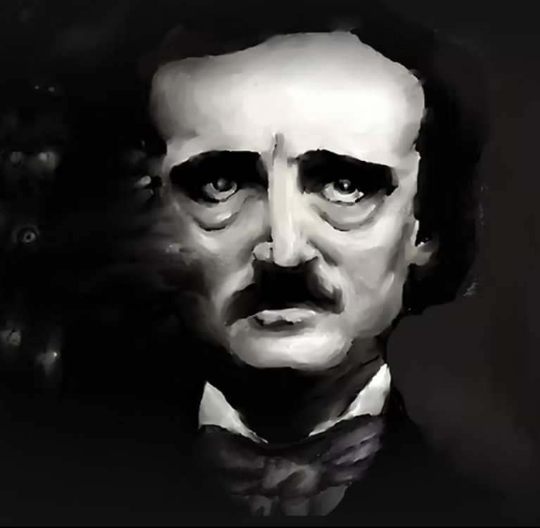 Stylized, moody black and white portrait painting of author Edgar Allan Poe.