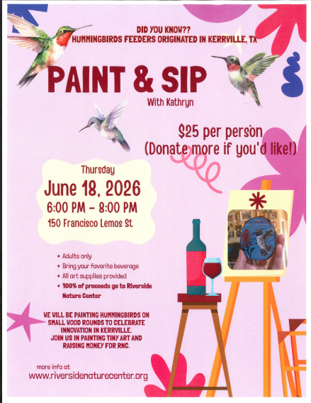 Event flyer for "Paint & Sip with Kathryn" on June 18, 2026, at the Riverside Nature Center.
