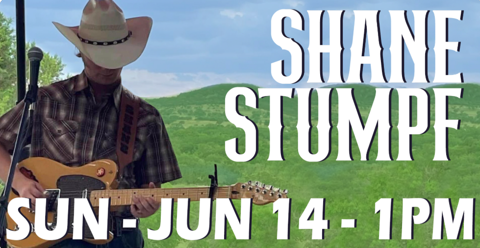 Flyer for Shane Stumpf performing on Sunday, June 14 at 1PM, featuring a guitarist.