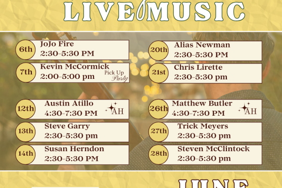 A yellow promotional schedule graphic for "Vineyard Live Music" events in June 2026.