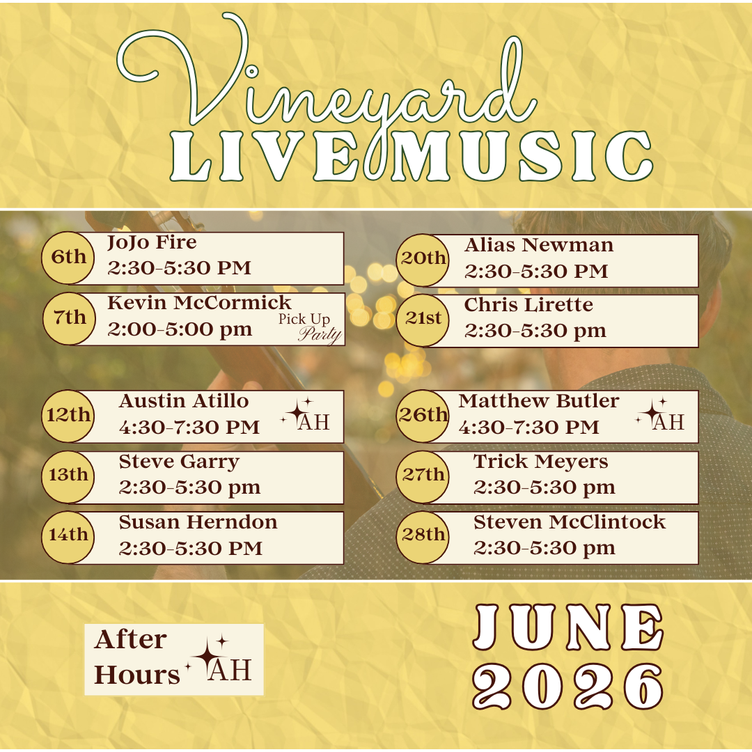 A yellow promotional schedule graphic for "Vineyard Live Music" events in June 2026.