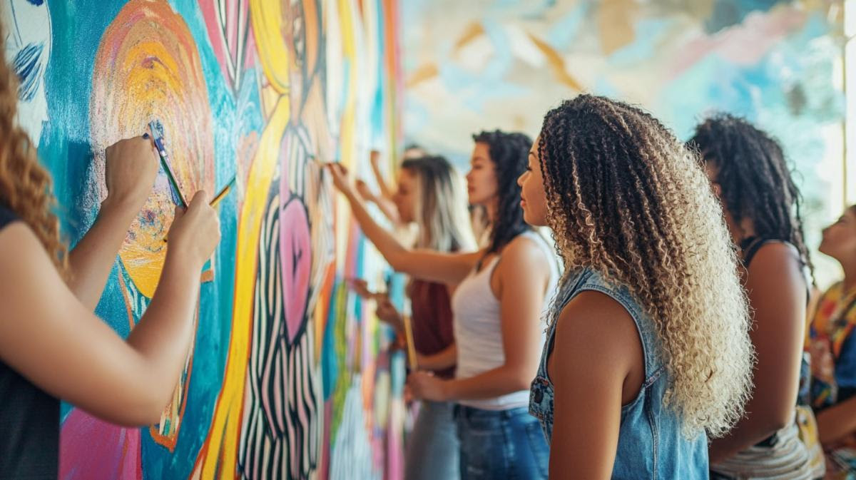 A group of people standing outdoors, looking at and working on a colorful community mural.