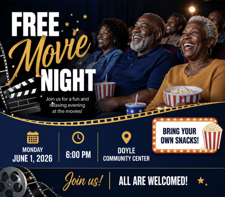 An event flyer for "FREE Movie Night" at Doyle Community Center on June 1, 2026.