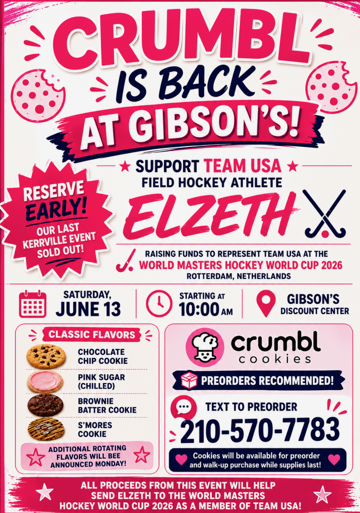 Crumbl Cookies fundraiser flyer supporting Elzeth for World Masters Hockey World Cup.