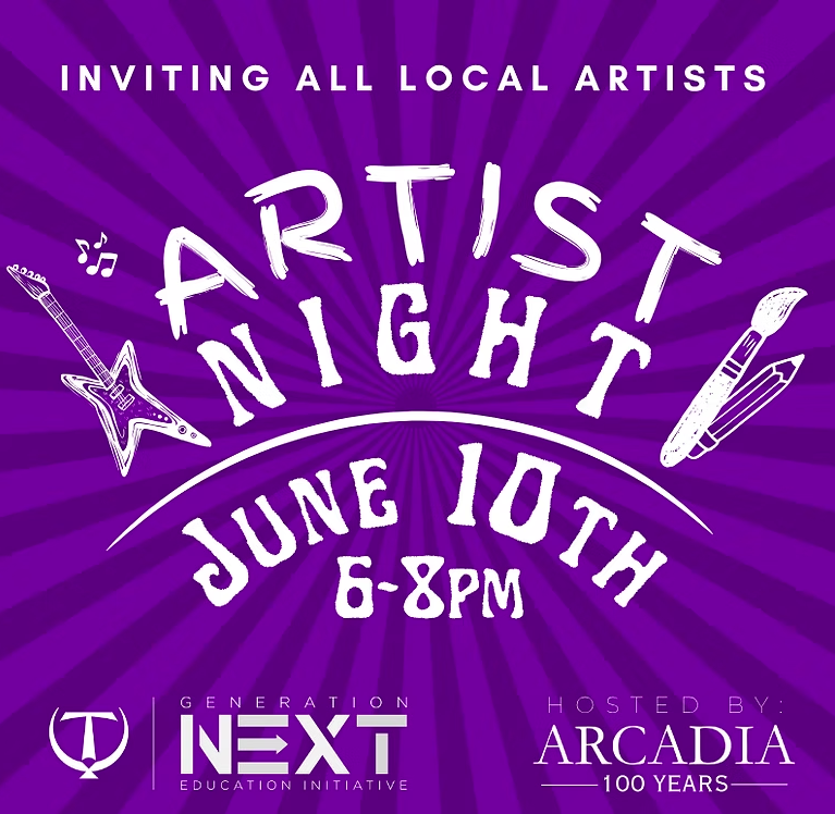 Flyer for "Artist Night" on June 10th, 6-8 PM, hosted by Arcadia and Generation Next.