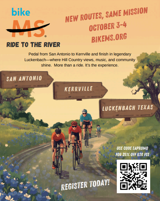 Event flyer for Bike MS: Ride to the River on October 3-4, featuring cyclists on a road.