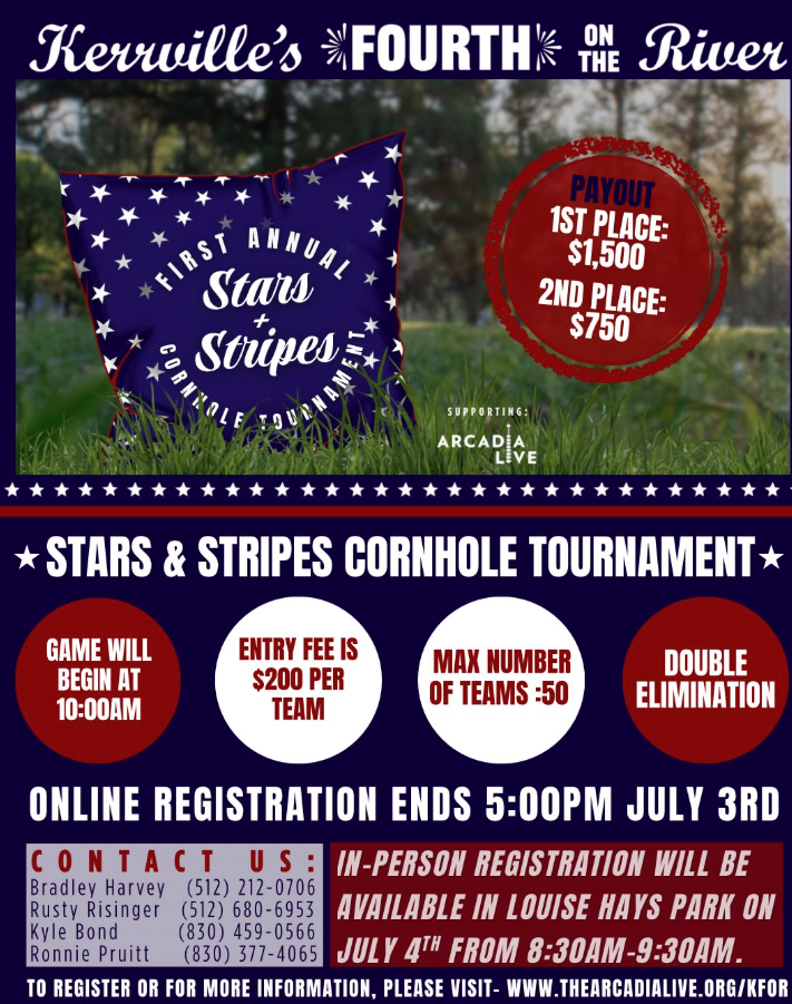 Flyer for Kerrville’s Fourth on the River First Annual Stars & Stripes Cornhole Tournament.
