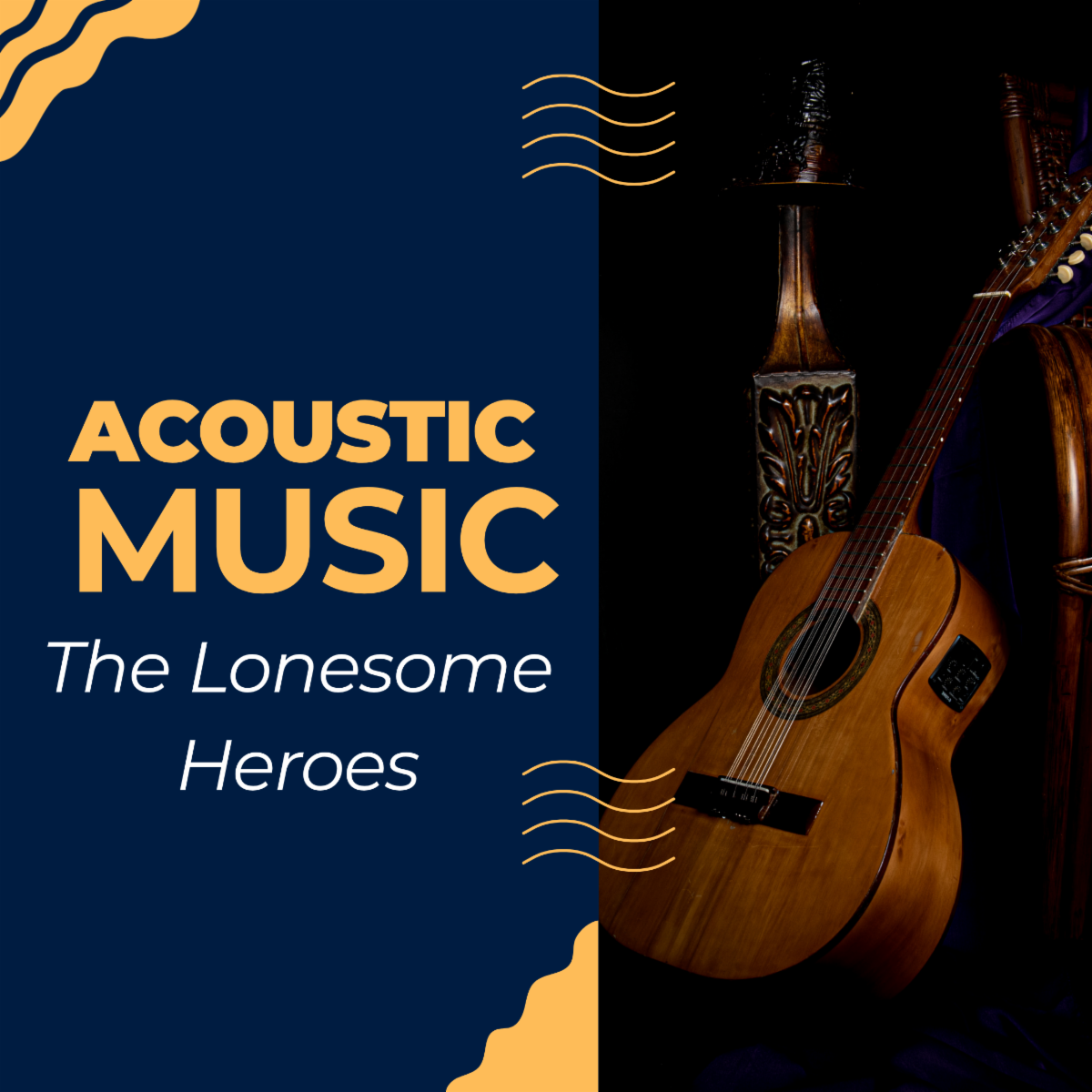 Flyer for "Acoustic Music - The Lonesome Heroes" featuring an acoustic guitar against a dark blue background.